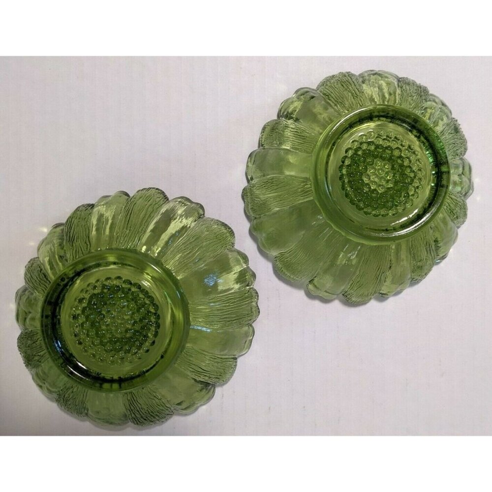 Vintage Lot Of 2 Indiana Glass Candle Holder Textured Green Sunflower Design 5" - Picture 5 of 6